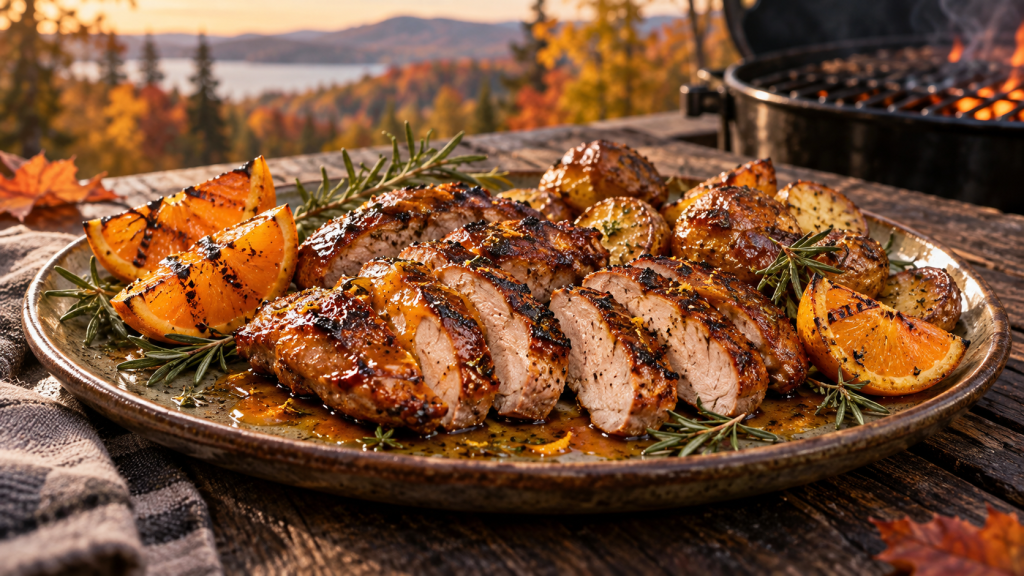 Poitrines de perdrix BBQ glacées à l’orange avec pommes de terre grillées
