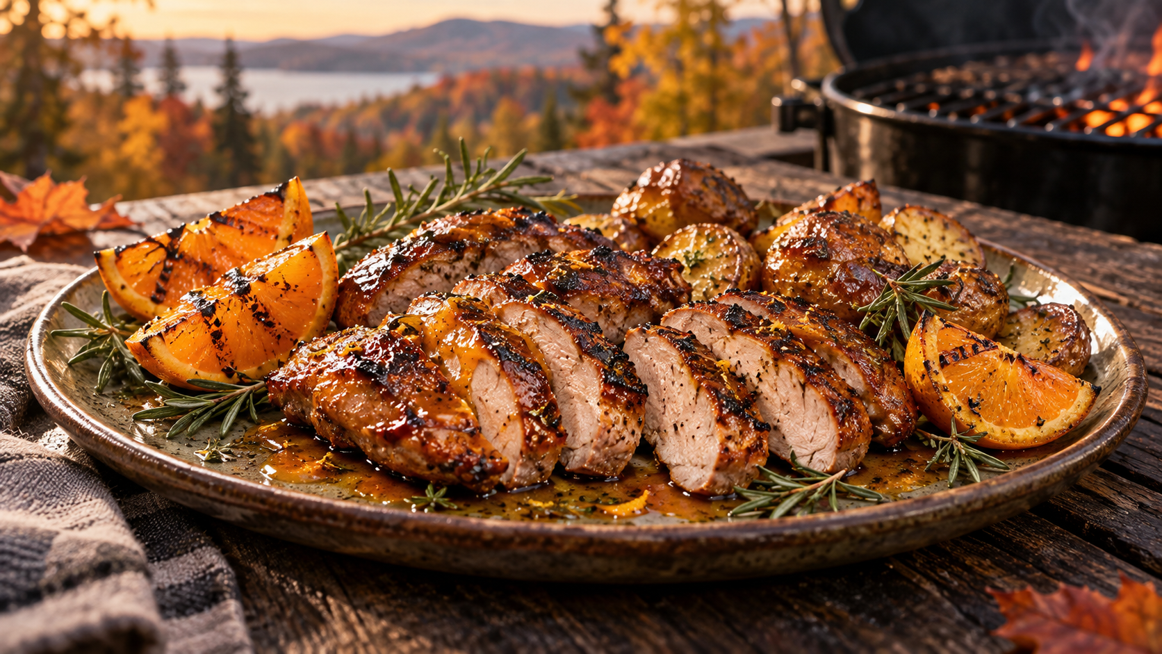 Poitrines de perdrix BBQ glacées à l’orange avec pommes de terre grillées