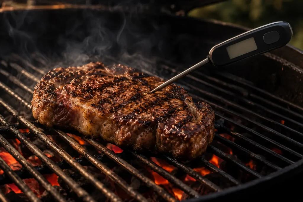Thermomètre numérique mesurant la température interne d’un steak sur le BBQ